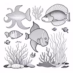 black and white drawing of a group of fish on a ocean bottom
