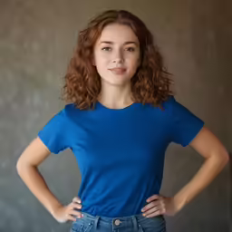 a woman is posing in front of a wall