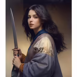 a woman holding a sword while wearing a kimono