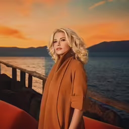 a young blonde woman standing by a pier looking at the camera