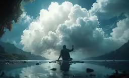 a person sitting on top of a lake near the ocean