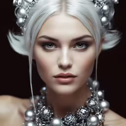 beautiful woman with white hair, blue eyes and headdress
