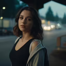 a woman looks off to her left at night in the street