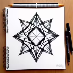 an artistic pen drawing of a star in a geometrical pattern,an artistically designed sketch of a star,a drawing of a star is shown with two pens,the white paper is sitting on the table,an abstract drawing of a star with the center of it pointed out