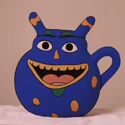there is a blue and brown cartoon teapot with big eyes