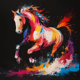 the paint covered horse is on the black wall