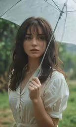 a woman holding a clear umbrella on top of grass