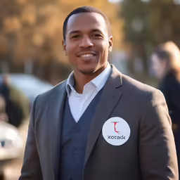 a smiling man is wearing a gray jacket and a button with the name jostenont written in it
