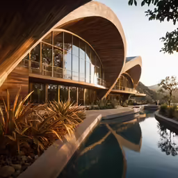 an artistic, unique house with a curved building by the water