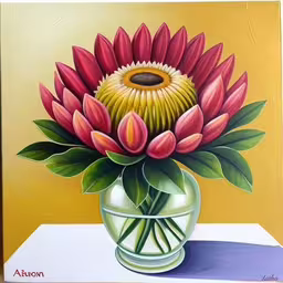 painting of large flower in a clear glass vase,a painting of flowers is shown on a canvas