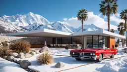 a vintage car is parked outside a home