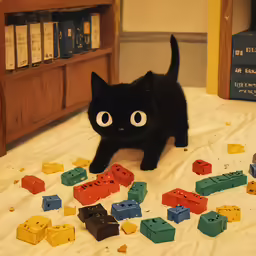 the black cat is playing with the legos on the bed