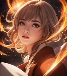 an anime girl with an elegant make up and fire streaming around her hair
