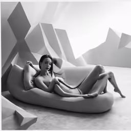 a naked woman laying on a bean bag chair in black and white