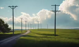 a rural road on the side of a green field