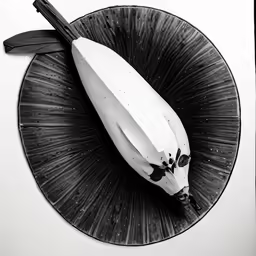 a banana sitting on top of a black and white plate