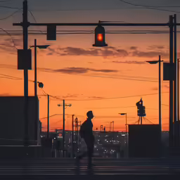 man walking away from stop light in dark city