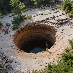 a person is walking towards an empty, partially constructed cave