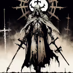 a man standing on top of a hill with many crosses