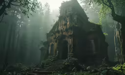 an abandoned building nestled in the middle of a forest