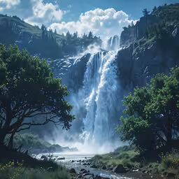 an image of a waterfall with mountains in the background