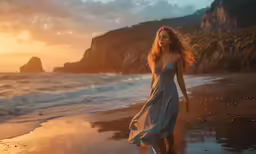a woman is walking on the sand on the beach at sunset