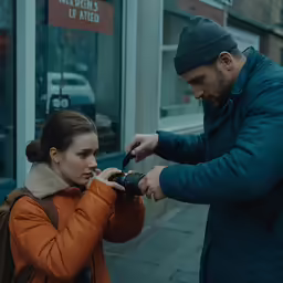 the man is giving the girl something to give her
