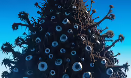 an upside down sculpture of eyes hanging on a tree