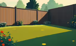 the backyard is fenced with wood and artificial grass,a colorful, green backyard with an empty lawn