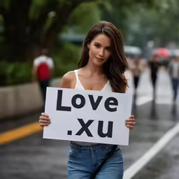 a young woman holding up a white sign