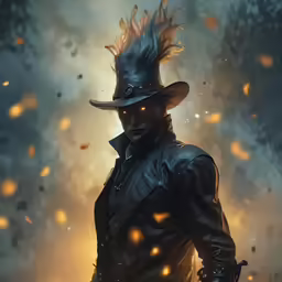 man in black outfit and hat standing with two burning fireballs