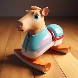toy horse with plastic neck and bell on wooden floor