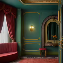 an empty room with a chair and a desk