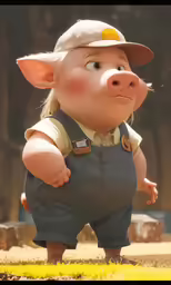 the pig is wearing a hat and overalls
