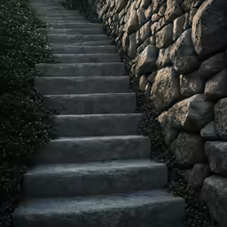 a rock wall with steps leading to it