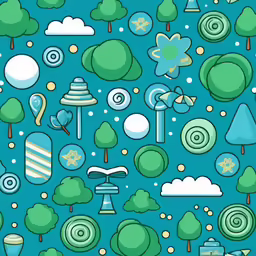a blue background with trees, clouds and other items