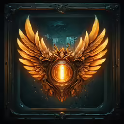 a golden frame with wings above a glowing sphere