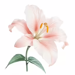 a pink flower with green leaves and white background