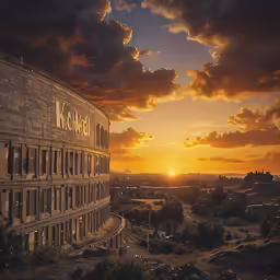 the sun is setting behind a building with windows