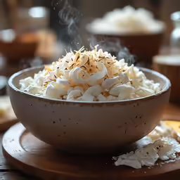 a bowl with some food in it on a wooden board