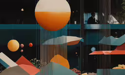 a sculpture that has two oranges and an orange sphere on it,a painting depicting different colorful shapes and sizes
