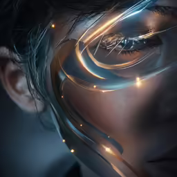 a woman is wearing futuristic wire facepieces with lights