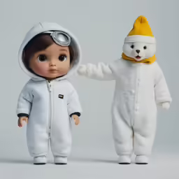 two dolls and one baby are dressed like bears