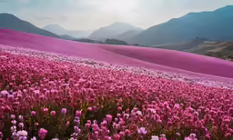 the field is covered in many pink flowers