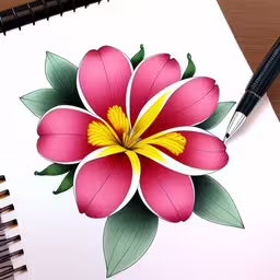 this is an image of a flower with paint and markers,a drawing of a flower and a pencil on top of a paper