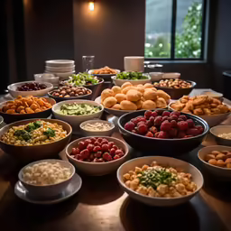 the table is filled with different kinds of food