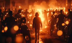a man is walking with an orange background as others stand around in flames