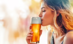a woman holding a beer glass with a drink