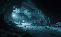 a dark cave is illuminated by a flashlight
