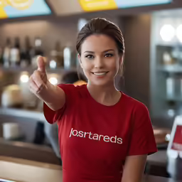 the woman wearing the red shirt smiles while making a hand gesture